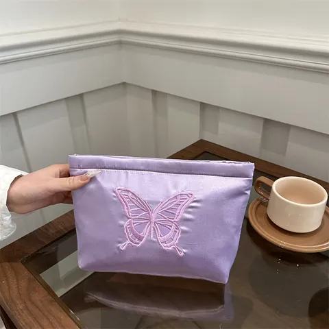 Women Butterfly Embroidered Satin Clutch Bag Elegant Simple Zipper Cosmetic Storage Bag Versatile Evening Handbag For Party Travel