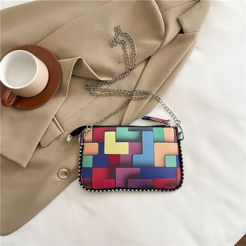 Multicolor Geometric Puzzle Print Envelope Bag Women PU Leather Studded Chain Shoulder Crossbody Bag With Zipper Closure