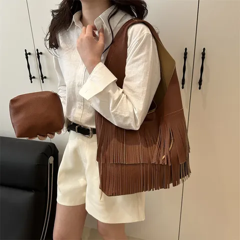 Borsa a Spalla Donna Grande Capacità Con Frange Pelle PU Texture Litchi Shopper Boho Con Pochette Borsa Hobo Quotidiana