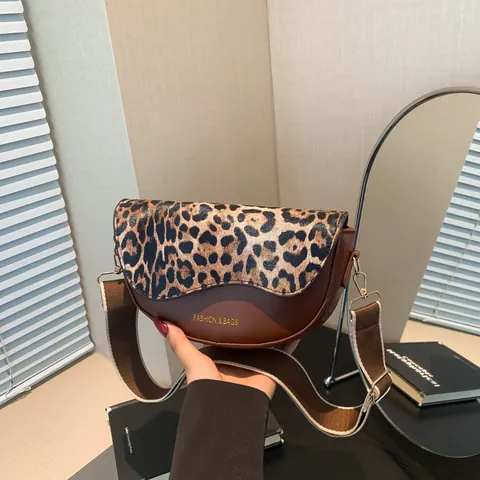 Borsa a Sella Vintage da Donna Con Stampa Leopardata in Pelle PU Borsa a Tracolla Con Tracolla Larga Regolabile Casual Retrò