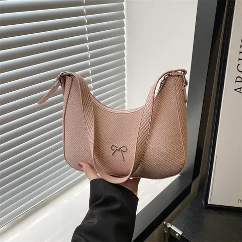 Gewebte Textur Halbmond Unterarmtasche Für Damen PU Leder Hobo Schultertasche Mit Silberner Schleife Elegante Mode Handtasche