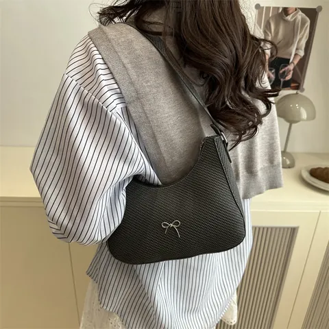 Gewebte Textur Halbmond Unterarmtasche Für Damen PU Leder Hobo Schultertasche Mit Silberner Schleife Elegante Mode Handtasche