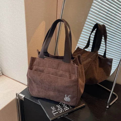 Borsa Tote da Donna in Pile Casual Ricamo a Coniglio dei Cartoni Animati Grande Capacità Semplice Borsa a Mano per Pendolarismo Quotidiano Scuola