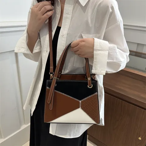 Women Geometric Patchwork PU Leather Shoulder Bag Contrast Stitching Handbag Trendy Crossbody Bag With Top Handle