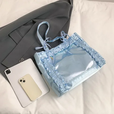 Women Ruffle Nylon Tote Bag Large Capacity Ita Bag Clear PVC Window Bow Decor Elegant Shoulder Bag Daily Travel Shopping