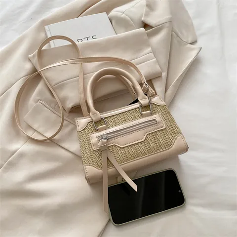 Vintage Straw Woven Handbag Spliced Synthetic Leather Crossbody Bag With Tassel Top Handle Square Shoulder Bag For Women
