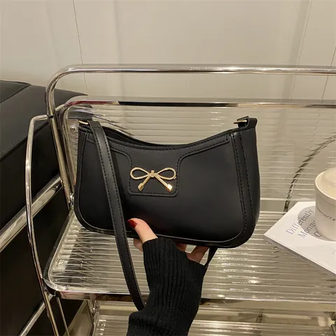 Sac sous le Bras en Cuir PU Style Français pour Femmes Nœud Doux Décor Minimaliste Couleur Unie Sac à Main Épaule