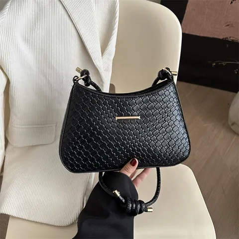 Borsa da Sottobraccio Minimalista da Donna con Trama Intrecciata in Pelle PU Borsa a Tracolla Retro con Cinturino a Nodo Decorazione in Metallo Oro