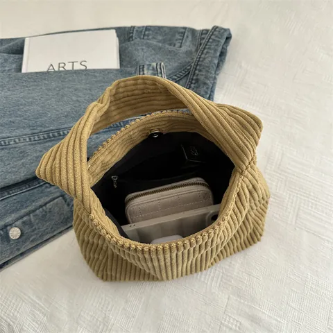 Bolso de Hombro de Pana Vintage para Mujer Bolso Tote de Rayas Retro Minimalista Casual de Axila Amarillo Negro Verde