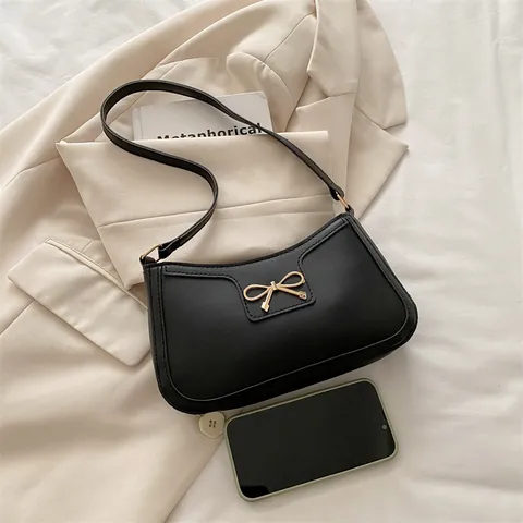 Sac sous le Bras en Cuir PU Style Français pour Femmes Nœud Doux Décor Minimaliste Couleur Unie Sac à Main Épaule