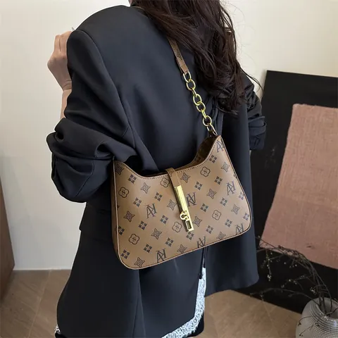Vintage Monogram Print Underarm Bag For Women Luxury PU Leather Shoulder Bag With Gold Chain Lock Fashion Hobo Baguette Bag