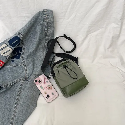 Women Contrast Color Canvas PU Crossbody Phone Bag Lightweight Waterproof Drawstring Small Square Shoulder Bag Street Style