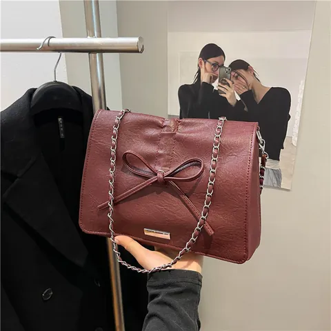 Korean Style Women PU Leather Bow Shoulder Bag Large Capacity Crossbody Bag With Chain Strap Minimalist Daily Bag