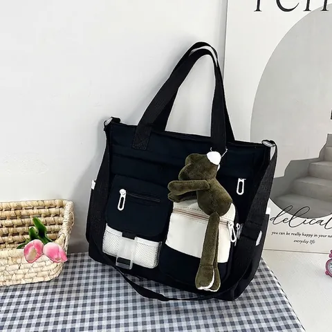 Damen Nylon Tote Bag Mit Großer Kapazität Multi Tasche Umhängetasche Japanischer Stil Canvas Schule Handtasche Mit Froschanhänger