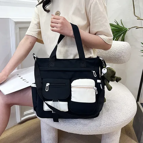 Damen Nylon Tote Bag Mit Großer Kapazität Multi Tasche Umhängetasche Japanischer Stil Canvas Schule Handtasche Mit Froschanhänger