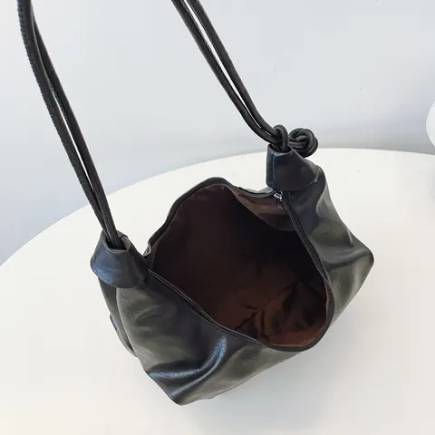 Women Vintage PU Leather Crescent Shoulder Bag With Knotted Strap Pleated Large Capacity Dumpling Hobo Crossbody Bag