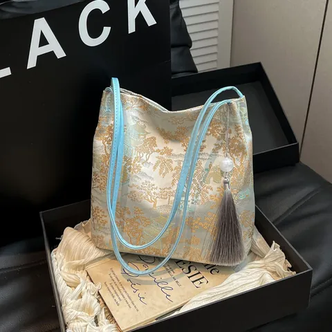 New Chinese Style Embroidery Tote Bag Large Capacity Satin Shoulder Bag Women Commuting Casual Elegant Handbag With Tassel