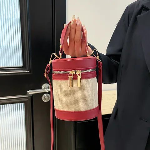 Mini Bolso de Cubo Cilíndrico para Mujer Patchwork de Lona y Cuero PU Color de Contraste Bolso Bandolera Con Cremallera Dorada