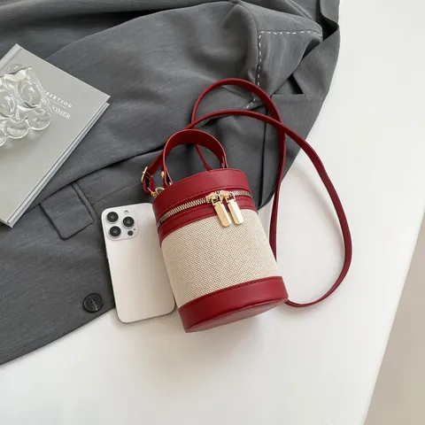 Mini Bolso de Cubo Cilíndrico para Mujer Patchwork de Lona y Cuero PU Color de Contraste Bolso Bandolera Con Cremallera Dorada