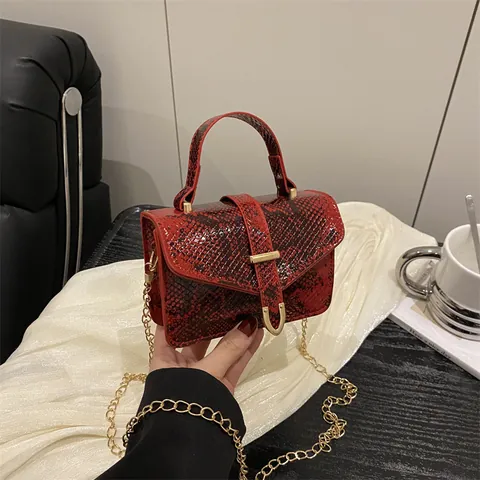Vintage Slangenprint Mini Crossbody Tas Voor Dames Trendy Mode PU Leer Kleine Vierkante Handtas Met Gouden Ketting