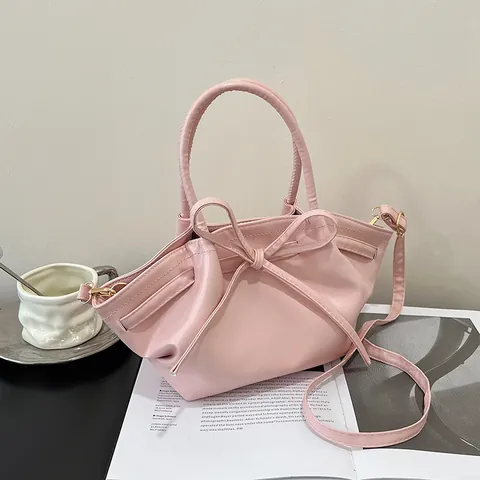 Bolso de Mano de Cuero PU con Lazo y Pliegues para Mujer Dulce Color Sólido Bolso Bandolera para Viaje Diario Oficina Citas