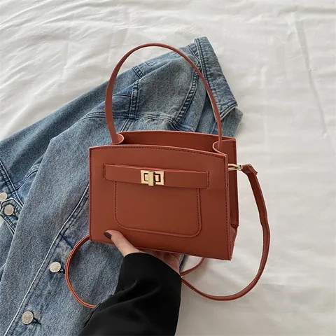 Women Saffiano PU Leather Shoulder Bag Twist Lock Crossbody Handbag Minimalist Solid Color Commuting Fashion Square Bag Gift