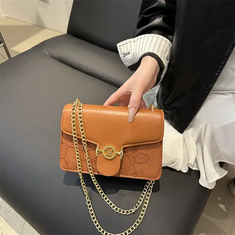Women Embossed Floral PU Leather Small Square Bag Vintage Metal M Buckle Rhinestone Decor Golden Chain Shoulder Crossbody Bag