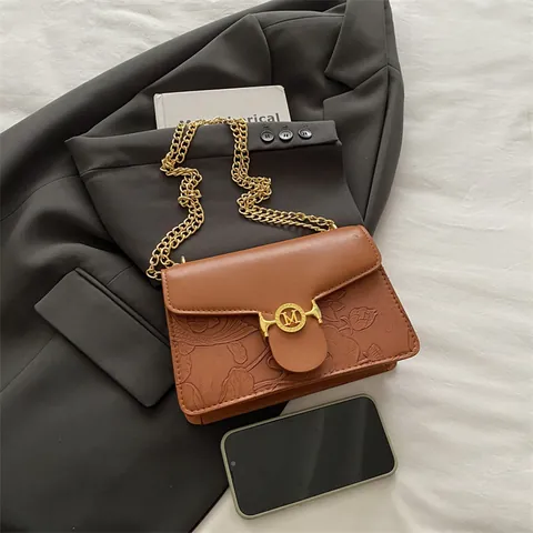 Women Embossed Floral PU Leather Small Square Bag Vintage Metal M Buckle Rhinestone Decor Golden Chain Shoulder Crossbody Bag