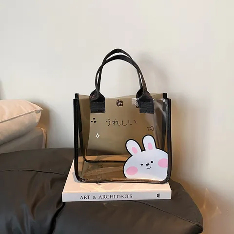 Women Casual PVC Transparent Tote Bag Cartoon Animal Print Waterproof Handbag For Daily Shopping Beach Travel Commuting