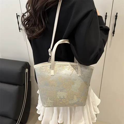 Orientalischer Bestickter Tote Bag Für Damen Vintage Landschaft Jacquard Schultertasche Pendler Handtasche Elegante Arbeitstasche