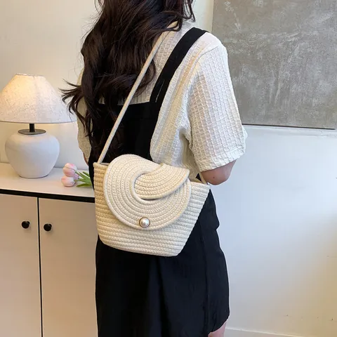 Women Handmade Woven Straw Crossbody Bag Sweet Twist Knot Pearl Bucket Bag Cotton Linen Summer Beach Shoulder Tote Bag