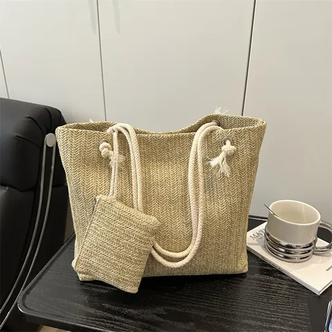 Casual Άχυρο Πλεκτή Τσάντα Tote Για Γυναίκες Με Αντίστοιχο Πορτοφόλι Με Φερμουάρ Μεγάλης Χωρητικότητας Βαμβακερό Σχοινί Λαβή Τσάντα Παραλίας