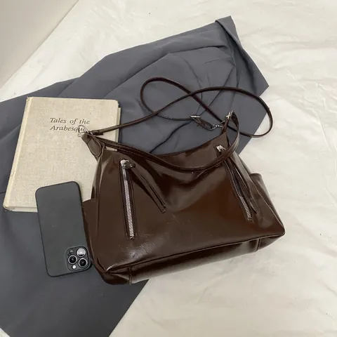 Bolso Tote de Mujer de Gran Capacidad de Cuero PU Brillante Bolso de Hombro Casual Vintage Con Cremalleras Decorativas