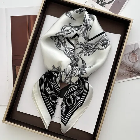 French Vintage Floral Print Satin Square Scarf For Women Elegant Silk Like Neck Scarf 70x70cm Fashion Scarf Hair Accessory