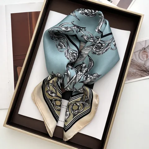 French Vintage Floral Print Satin Square Scarf For Women Elegant Silk Like Neck Scarf 70x70cm Fashion Scarf Hair Accessory