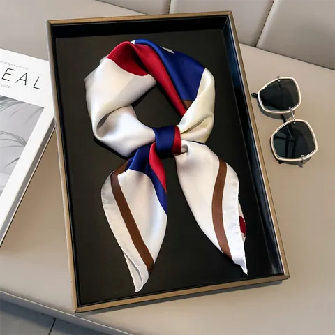 Women Satin Square Scarf Geometric Color Block Silk Feeling Neck Scarf Fashion Printed Decorative Head Wrap Fashion Accessory