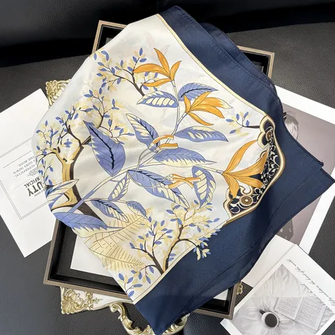 Elegant Satin Square Scarf For Women Vintage Floral Leaf Print Hair Band Neck Scarf Navy Blue Fashion Accessories