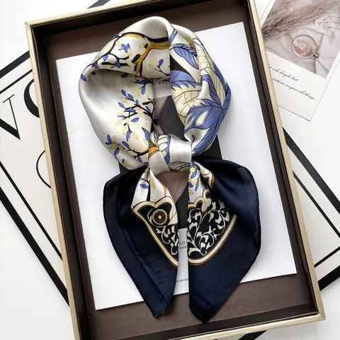 Elegant Satin Square Scarf For Women Vintage Floral Leaf Print Hair Band Neck Scarf Navy Blue Fashion Accessories
