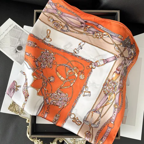 Vintage Equestrian Horse Bit Chain Print Satin Square Scarf For Women Luxury Orange White Silk Like Decorative Neck Scarf