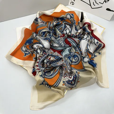 Bohemian Paisley Print Square Satin Scarf For Women Vintage Elegant Paisley Flower Silk Feel Headscarf Hair Tie Scarf
