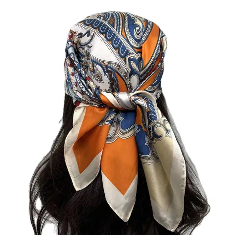 Bohemian Paisley Print Square Satin Scarf For Women Vintage Elegant Paisley Flower Silk Feel Headscarf Hair Tie Scarf