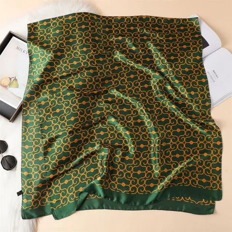 Damen Eleganter Satinschal Retro Geometrisches Muster Großer Rechteckiger Schal Reise Sonnenschutz Leichter Modeschal