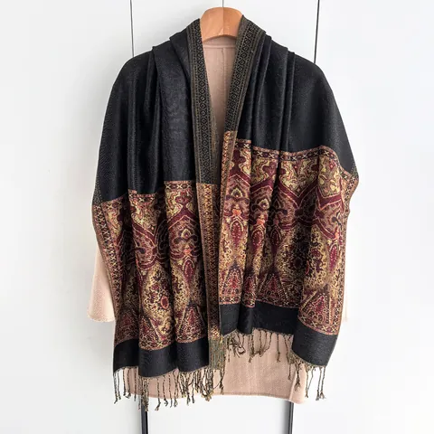 Women Retro Ethnic Jacquard Scarf Shawl Paisley Pattern Tassel Fringe Large Warm Wrap Polyester Scarf For Winter Fall Gift