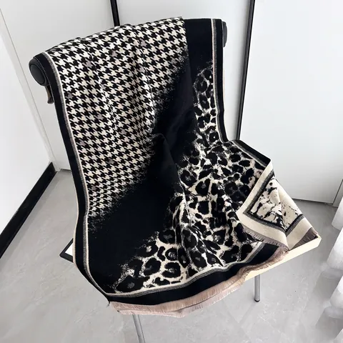Leopard Print Houndstooth Winter Scarf For Women Thickened Warm Imitation Cashmere Shawl Oversized Poncho Wrap With Tassels