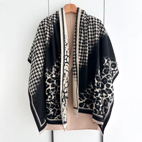 Leopard Print Houndstooth Winter Scarf For Women Thickened Warm Imitation Cashmere Shawl Oversized Poncho Wrap With Tassels