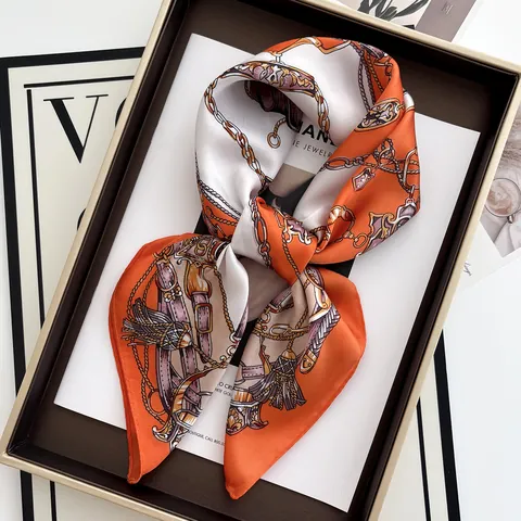 Vintage Equestrian Horse Bit Chain Print Satin Square Scarf For Women Luxury Orange White Silk Like Decorative Neck Scarf
