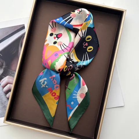 Cute Cartoon Cat Print Satin Square Scarf For Women Soft Silk Like Hair Head Neck Scarf Shawl Lightweight Decorative Scarf Accessories