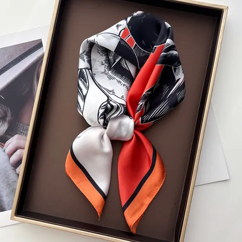 Pañuelo Cuadrado de Satén Retro Francés Mujer Elegante Estampado Botánico de Rosa Tacto Seda Pañuelo de Cuello Accesorio
