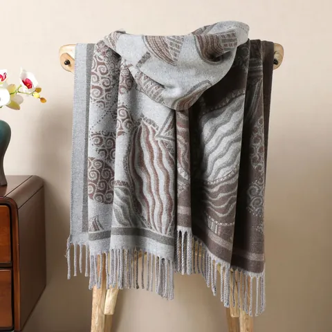 Women Thickened Warm Scarf Shawl Elegant Ethnic Leaf Pattern Core Spun Yarn Warp Knitted Tassels Wraps For Autumn Winter