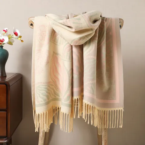Women Thickened Warm Scarf Shawl Elegant Ethnic Leaf Pattern Core Spun Yarn Warp Knitted Tassels Wraps For Autumn Winter